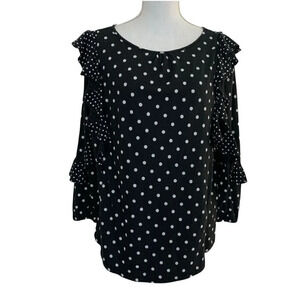 Chaps Navy And White Polka Dot Ruffle Sleeve Medium Blouse Cotton Blend Blue